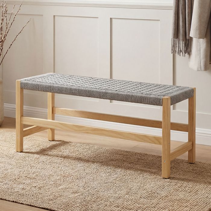 chairus Banc en Bois avec Tissage en Corde Naturelle Bout de Lit Banc Entrée Vintage Banquette de Cuisine Chambre Salon Gris
