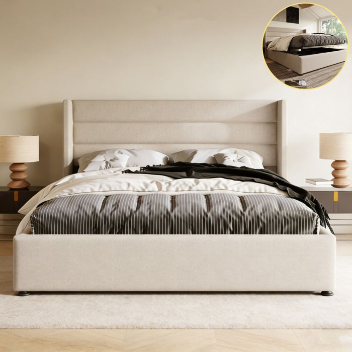 Lit Coffre 160x200 avec Tête de Lit Capitonné - Cadre de Lit Double Adulte Adolescent avec Sommier - Lit 2 Place - Lin Beige