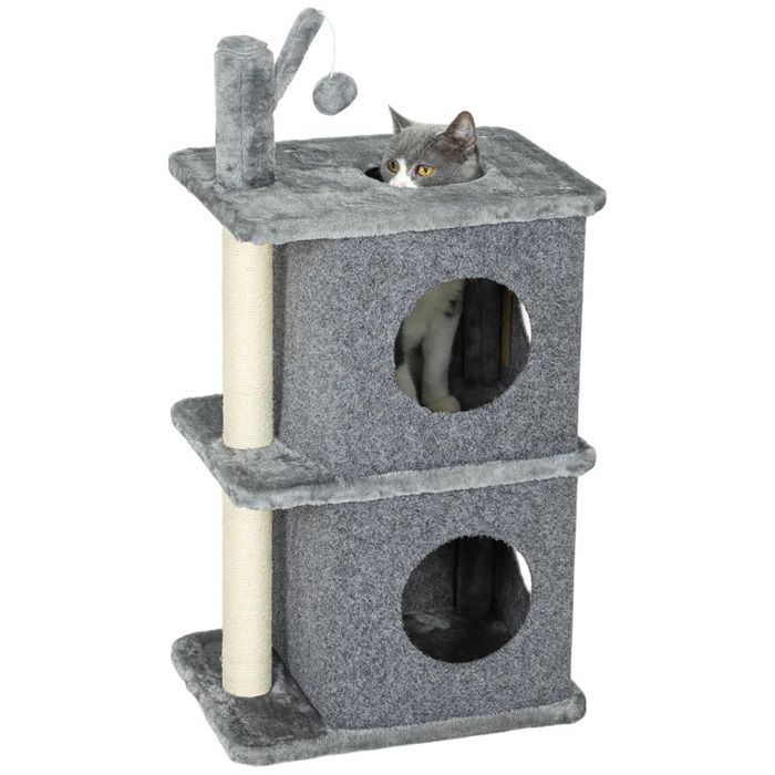 Arbre à chat à 3 niveaux hauteur 80 cm pour chats avec 2 niches et surface de repos confortable balle amovible pour animal 5 kg