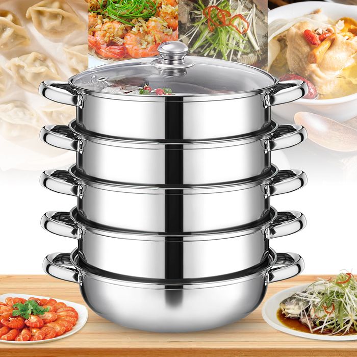 Cuiseur à vapeur acier inoxydable 5 couches de 30 cm Cuiseur à vapeur avec couvercle en verre Cuiseur à vapeur Cuisinière