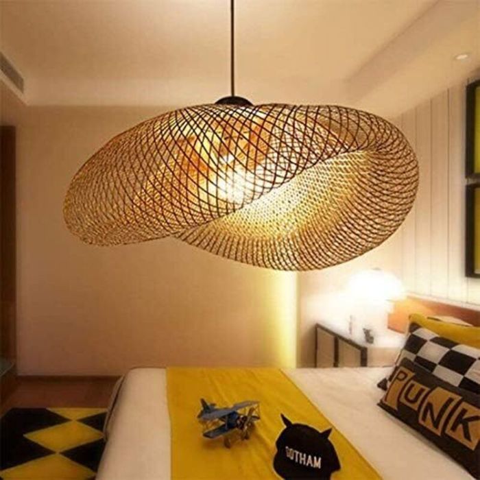 Suspension Lampe Pendentif Bambou - PZCC - Tissage Vintage - E27 - Réglable - 50 cm
