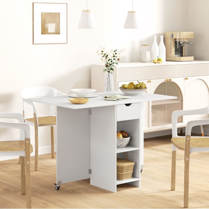 Table pliante gain de place 2 à 4 personnes avec tiroir et étagères ouvertes mobile blanche 114 5 x 70 cm ORVRYN