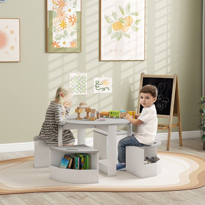 Ensemble table enfant avec 4 tabourets gain de place en bois gris avec compartiment de rangement