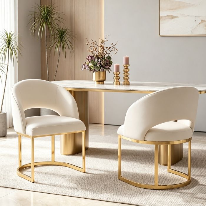 Lot de 2 Chaises de Salle à Manger Modernes Chaises de Cuisine Rembourrés Pieds de Chaise Galvanisés de Couleur Or Beige + Or