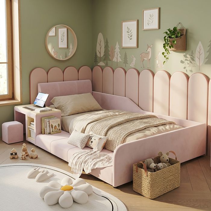 Lit enfant rembourré 90x200 cm Lit simple avec bureau tabouret étagère tête de lit douce sommier à lattes en bois velours rose