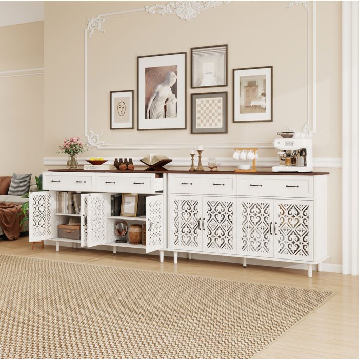 Buffet bas vintage AESVAR 4 portes 2 tiroirs portes sculptées ajourées plateau bois blanc