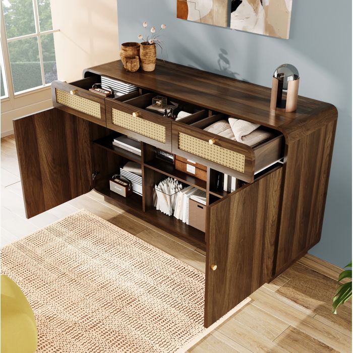 COVREO Buffet bas 120 x 40 x 85 cm décor noyer avec rotin 3 tiroirs 2 portes étagères réglables marron