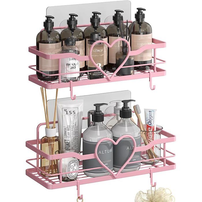 Étagère Douche Murale Rose sans Perçage Lot 2 avec Crochets Forts 4 Crochets Forts Ventouse+Adhésif Sans Perçage Salle de Bain