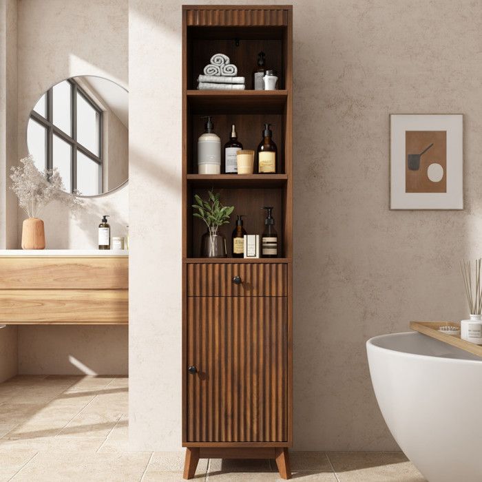 NuvlaGu - Meuble salle de bain armoire haute avec 1 porte et 1 tiroir 3 étagères ouvertes 40×36×172 cm - Noyer