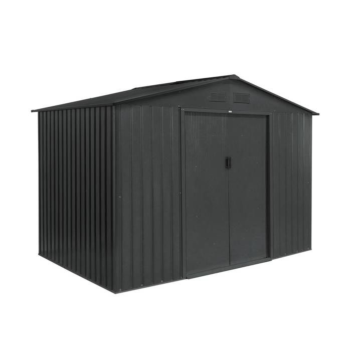 Abri de jardin en métal - FERRAIN 5.29m² gris anthracite - Cabane à outils avec deux grandes portes coulissantes. kit de fixation