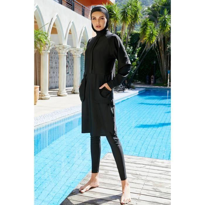 Noir XL maillot de bain musulman pour femmes manches longues tenue islamique modeste avec Hijab