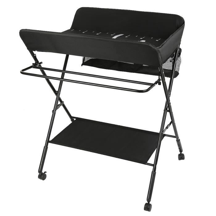 Table à Langer Pliable et Portable, avec Rangement, Ceinture de Sécurité, peu Encombrante et Stable,Table a Langer Pliante Chambre Bébé Réglable en Hauteur(noir et blanc