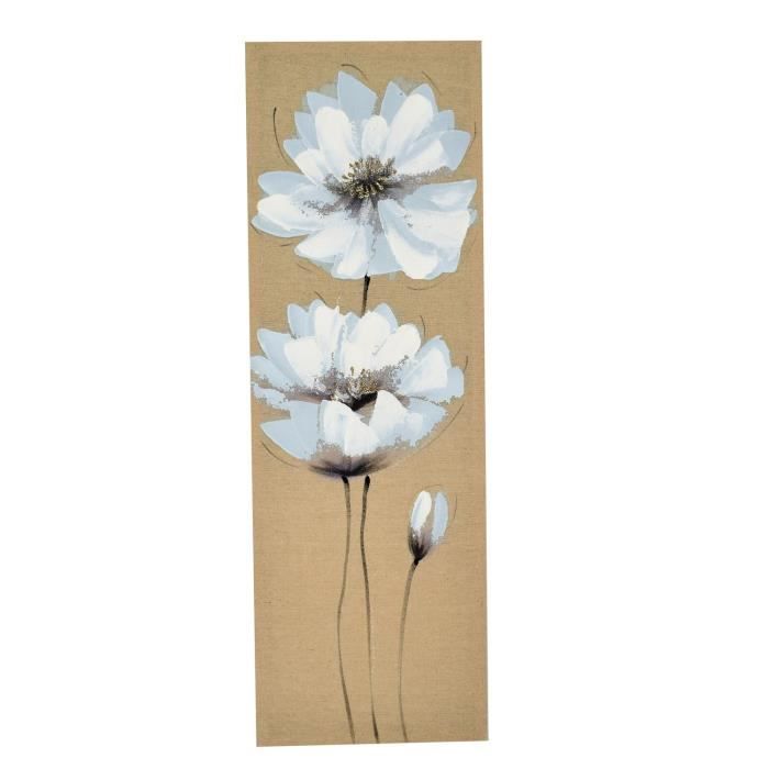 Grand Tableau Peint À La Main Cadre Rectangle Peinture Sur Toile Beige 30x90CM Fleurs Blanches Rapport Qualité Prix Excellent