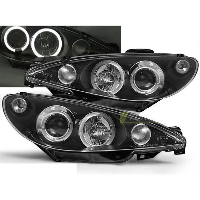 Paire de feux phares Peugeot 206 de 1998 a 2002 angel eyes noir - Montage H4