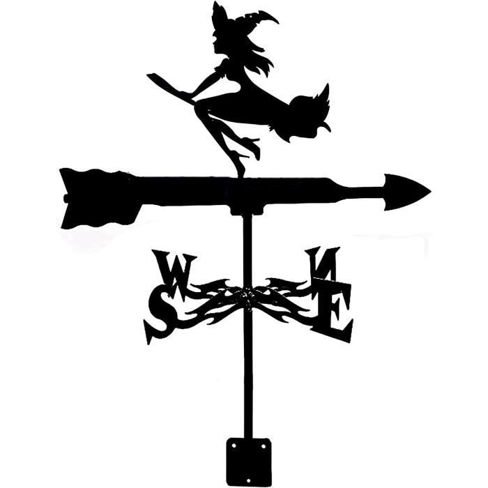 Girouette Sorcière Sur Balai - Décoration Jardin Métal - 40 X 75 Cm - Surface Noire