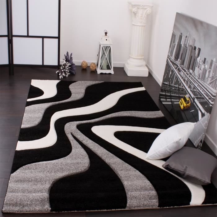 Tapis moderne design - Gris Noir Blanc - 240 x 330 cm - Motif Vagues -  Polypropylène - Intérieur - PACO HOME - Cdiscount Maison