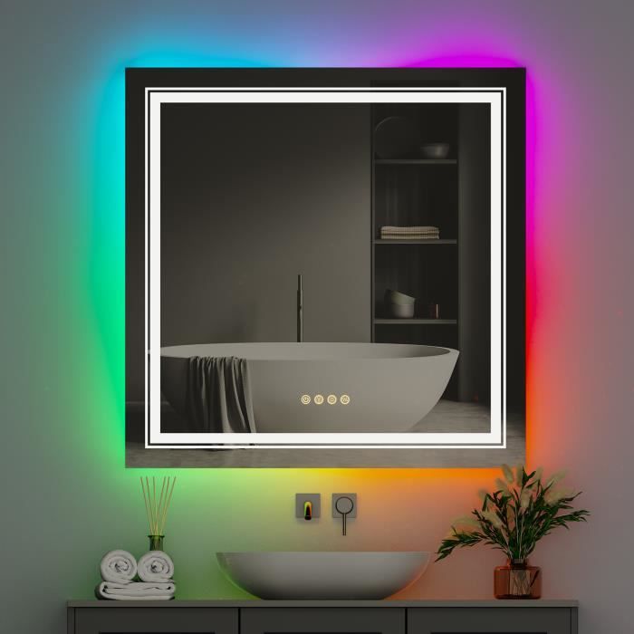 Miroir LED RGB Anti-buée pour Salle de Bain - Carré 80x80 cm