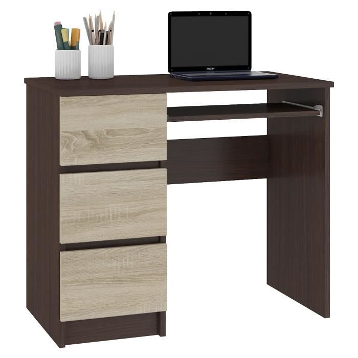 MIR | Bureau informatique multimédia moderne 90x77x50 | 3 tiroirs + support clavier | Table ordinateur multi-rangements | Wenge-Sono