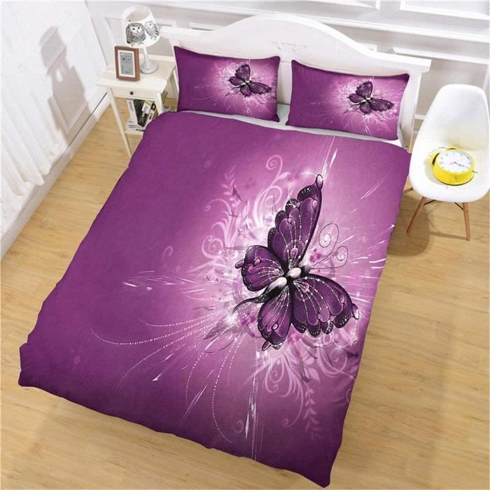 Housse de Couette Papillon Violet Fermeture éclair cachée et 2 Taie d