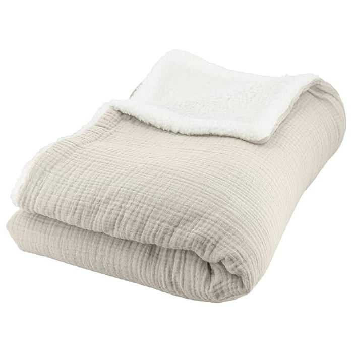 Plaid - COTE DECO - Polaire et Gaze de Coton - 130x170 cm - Beige Galet - Hypoallergénique