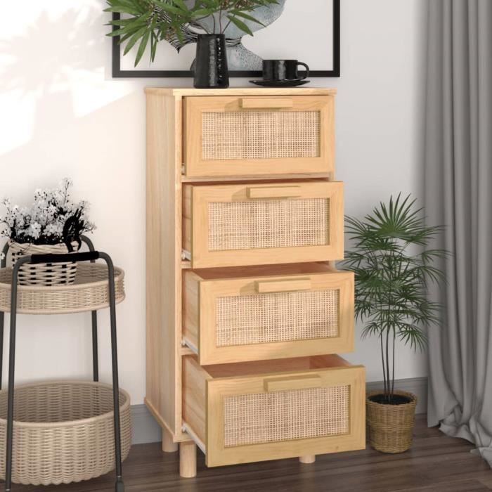 ESTINK Buffet Marron 40x30x90 cm Bois de pin massif et rotin naturel 92431