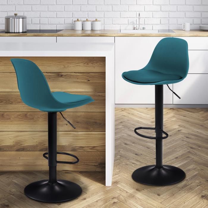 IDMARKET Lot de 2 tabourets de bar KARL design bleu canard pied noir IDMARKET Lot de 2 tabourets de bar KARL design bleu canard pied noir