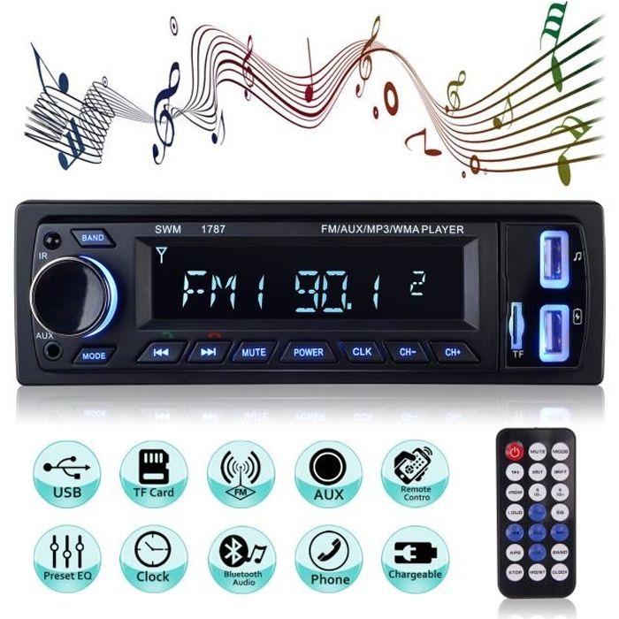 IEGEEK Autoradio Bluetooth,1 DIN Stéréo Vidéo FM Radio 4x60W Poste, USB/SD  / Lecteur MP3 Récepteur Mains Libres avec Télécommande - Cdiscount Auto