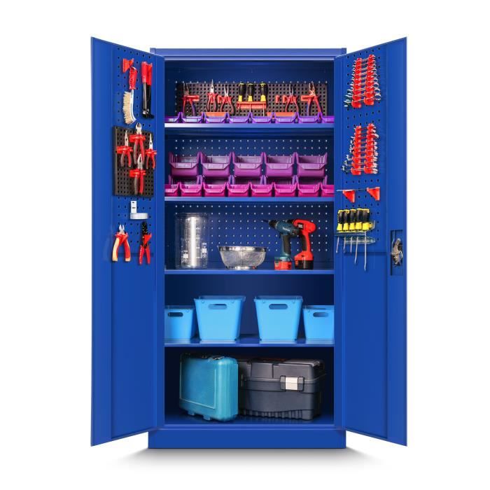 Armoire à Outils TC01A Armoire datelier Métallique Mur perforé 4 étagères Portes battantes Tôle dacier 185 x 92 x 50 cm (Bleu)