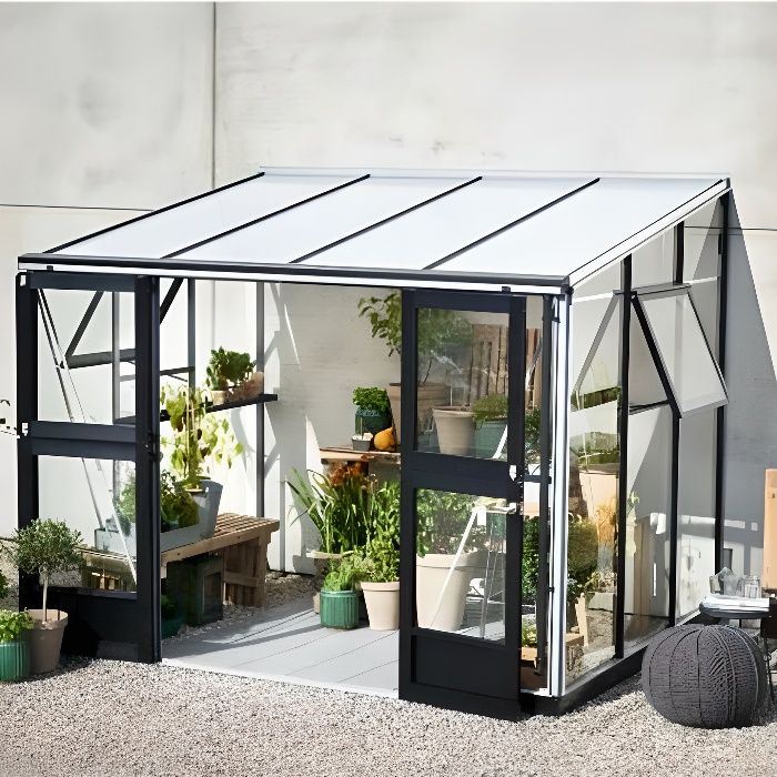 serre adossee veranda en verre trempe 6 6 m couleur silver base avec base cdiscount jardin