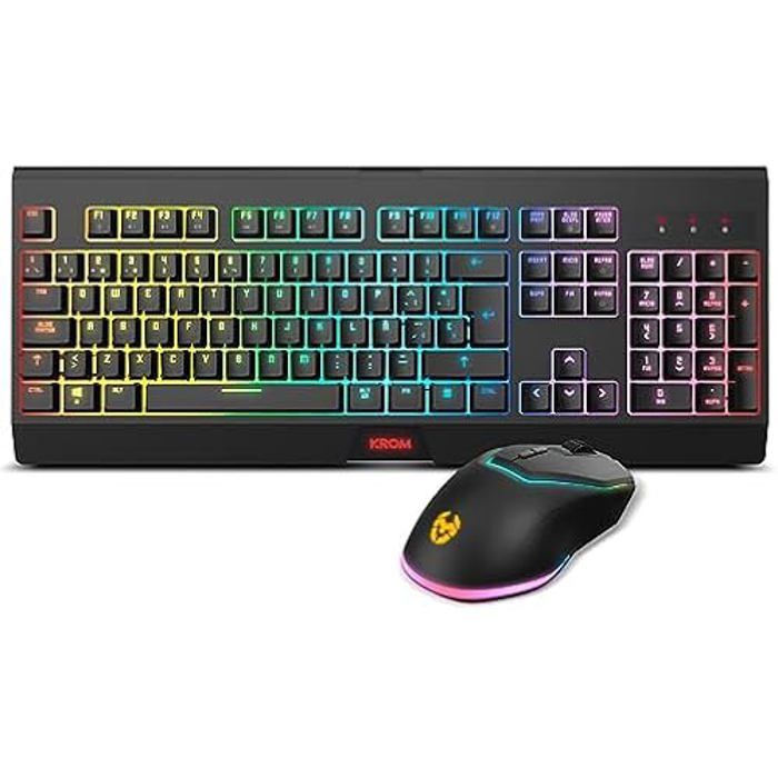 KROM KABALA – Kit Clavier sans Fil à Membrane rétro-éclairé RVB Arc-en-Ciel 6 Touches Anti-éblouissement Souris Optique sans Fil