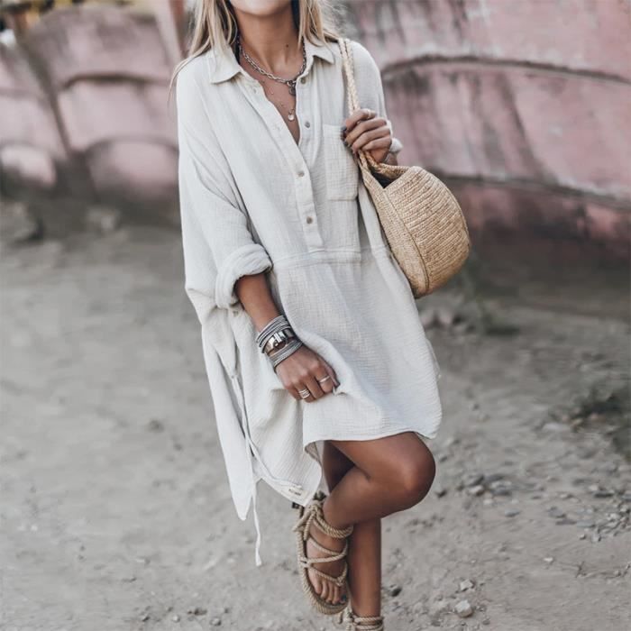 Robe Robe blanche surdimensionnee en coton et lin pour femmes robes a la mode pour femmes vetements decontractes pour Blanc Cdiscount Pret a Porter