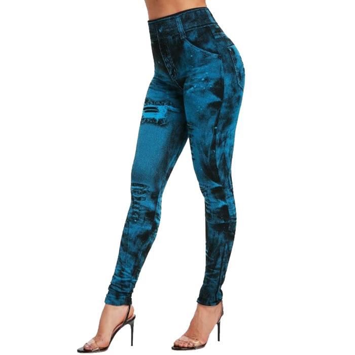 PANTALON Leggings Imitation Jean taille haute Slim lastique