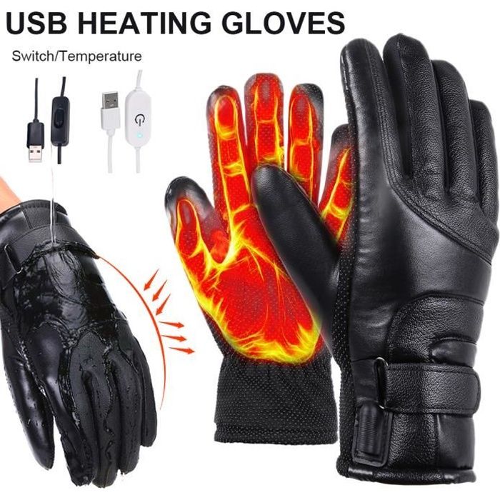 Gants chauffants electriques d hiver Gants thermiques USB ecran Tactile Cuir impermeable pour Femmes Hommes Ski Velo Noir