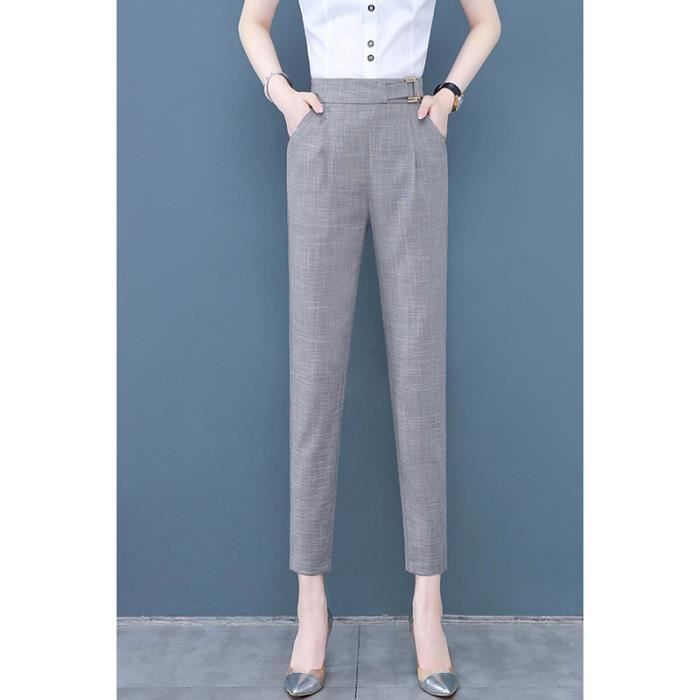 Pantalon Femme en Lin Coupe slim Taille haute lastiqu e Couleur