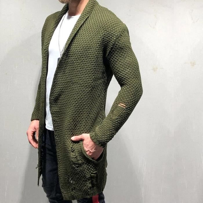Gilet cardigan Cardigan tricote pour Homme Pull over decontracte Long manteau col chale ouvert devant Pull en vert militaire Blanc Cdiscount Pret a Porter
