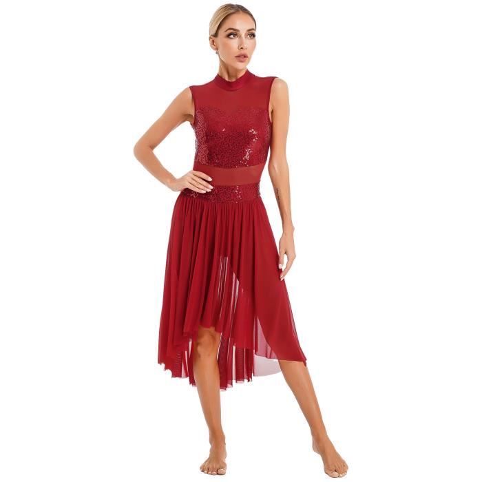 IEFIEL Robe de Danse Femme Paillettes Asymetrique Robe Danse Latine Leotard Sans Manches Justaucorps Gym Rythmique S XXL Burgundy Cdiscount Pret a Porter