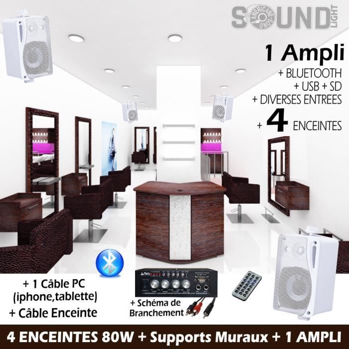 Pack Sono Maison Magasin Hifi 4 Enceintes 1 Ampli Usb Bluetooth Institue De Beauté Salon De Coiffure Cabinet Médical Pa Dj Mix