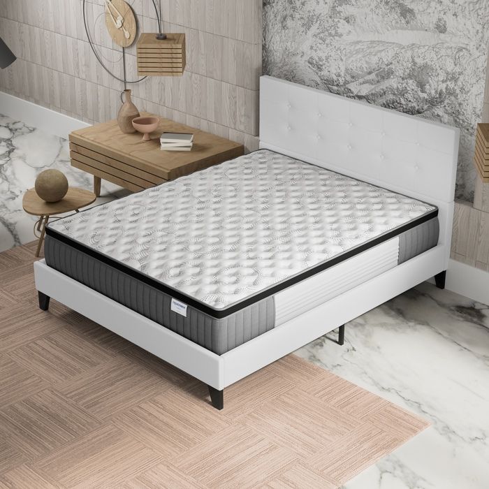 Ensemble MATELAS + LIT (140x190cm)- Elekctra 30cm Ressorts ensachés & Mémoire de forme + Sommier & tête de lit revêtement Blanc