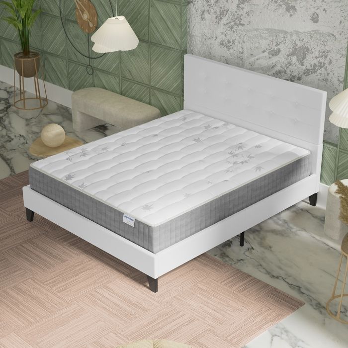 Ensemble MATELAS + LIT (120x190cm)- Galice 25cm Ressorts ensachés & Mémoire de forme + Sommier & tête de lit revêtement Blanc