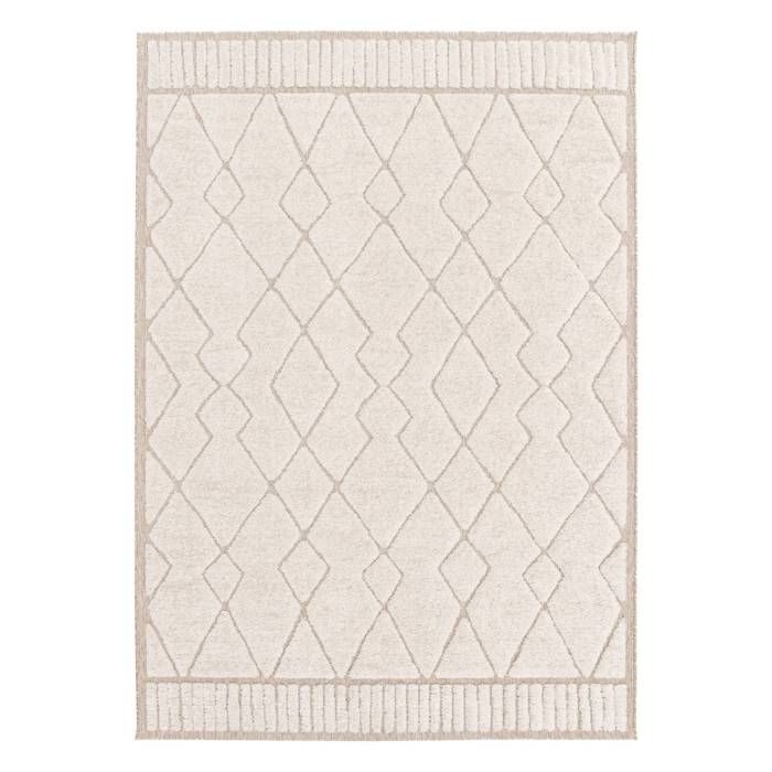 Tapis intérieur motif ethnique berbère 80x150cm poils ras. beige et crème