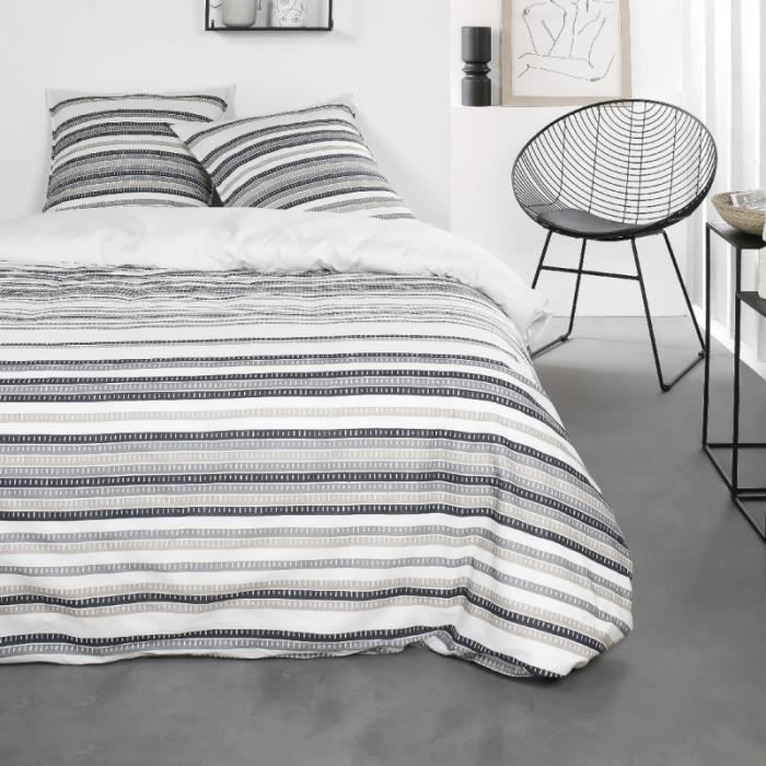 Parures de couettes - Parure de lit en coton réversible - Sunshine - l 220 x L 240 - Imprimé graphique - Blanc et gris