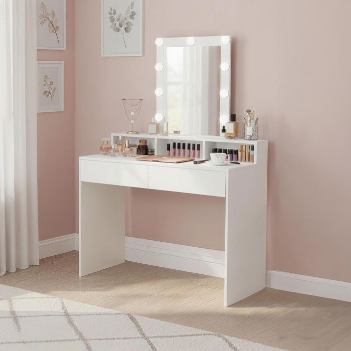 Coiffeuse Miroir LED à Luminosité Réglable 2 Tiroirs et 3 Compartiments 100 x 40 x 145 cm Blanc