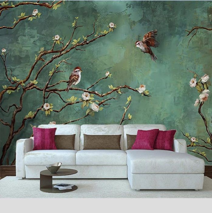 Papier Peint Panoramique Branche D'Arbre Vintage Fleur Oiseau Papier ...
