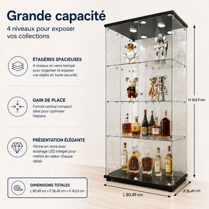 Vitrine en verre trempé noir,armoire de collection transparente,2 porte ...
