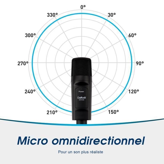 Daffodil MCP200 Micro Condensateur USB Omnidirectionnel – Microphone PC/Mac Avec Trépied, Filtre Anti-Pop – Idéal Podcast, Streaming, Gaming, Viso