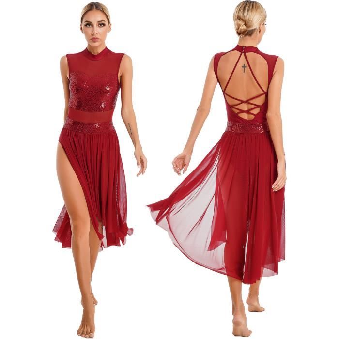 IEFIEL Robe de Danse Femme Paillettes Asymetrique Robe Danse Latine Leotard Sans Manches Justaucorps Gym Rythmique S XXL Burgundy Cdiscount Pret a Porter