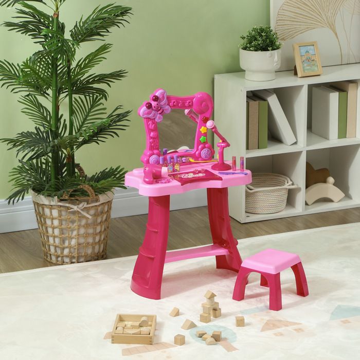 COSTWAY Coiffeuse Enfants avec Tabouret, Miroir Amovible à 3 Volets