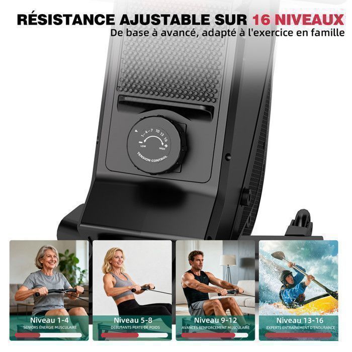 Rameur Magnétique Pliable Avec 16 Niveaux De Résistance Et Bluetooth - 350 Lbs