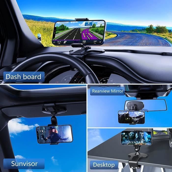 Support Voiture - Noir - Fixation Rétroviseur - Rotatif 360° - Ajustable - Compatible Smartphones - Téléphonie
