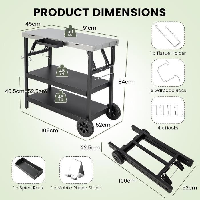 Chariot De Jardin Multifonction Outsunny Avec Plateau INOX - 3 Niveaux, 6 Crochets, Tablette Rabattable - Idéal Barbecue Et Extérieur